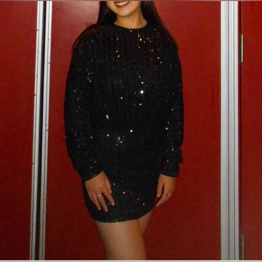 FINOCCI Studio Black Sequin Mini Dress Long Sleeve Size S